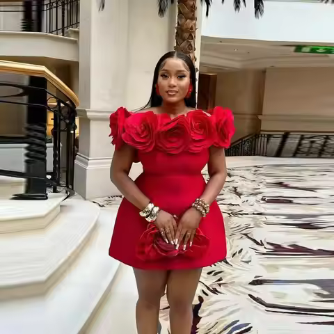 Rose Flowers Mini Cocktail Dresses Off The Shoulder Short Prom Dress For African Women Aso Ebi Black