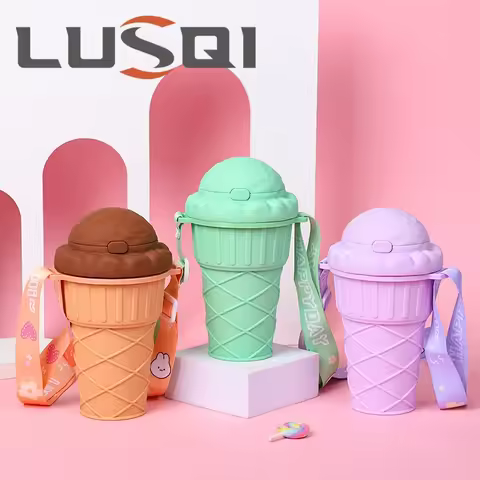 LUSQI 500ML Ice Cream Shape Water Bottle With Straw Drinking Water Bottle Leakproof Cute Water Bottl