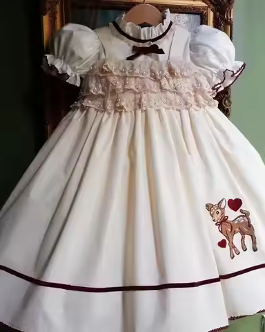 0-12Y Baby Girl Deer Embroidery Pearl Lace White Dress for Party Birthday Holiday B506