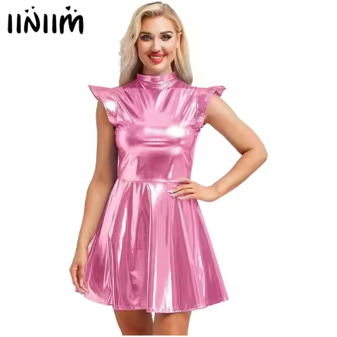 Womens High Waist A-line Dress Shiny Metallic Mock Neck Cap Sleeve Dress Modern Pole Dance Rave Part