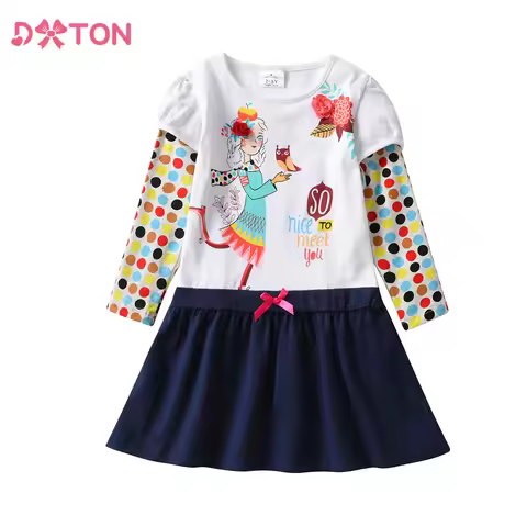 DXTON Girls Cotton Casual Long Sleeve Dresses Autumn Spring Children Polk Dot Cartoon Print Clothes 