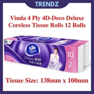 Vinda 4 Ply Deluxe 4D-Deco Tissue Rolls Coreless 1440g 12 Rolls Extra Strong Extra Soft Extra Absorbent Tissue Kertas Tisu Tandas