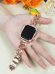 2合1女士時尚休閒金屬牛仔鍊式手錶帶+閃亮鑲有鑽石裝飾的PC框和強化玻璃屏幕保護一體化手錶殼，適用於Apple Watch 38/42/40/44/41/45/49mm手錶殼，適用於Apple Watch系列Ultra/9/8/7/6/SE/5/4/3，手錶帶帶有鑽石裝飾和保護殼，附帶調整工具