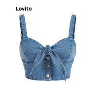 Lovito Casual Denim Top Plain Lace Up Bow Button Denim Top for Women L101AD246