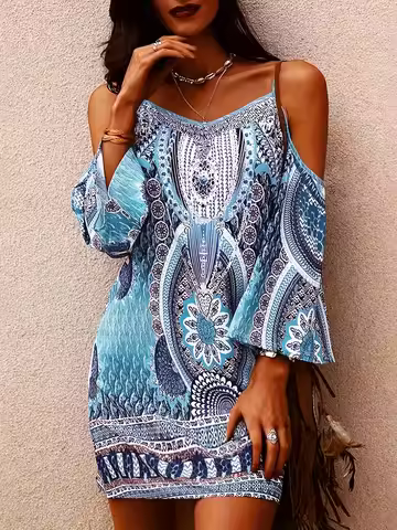 Women's Western ethnic retro style Aztec print dress Elegant V-neck short-sleeved dress for women