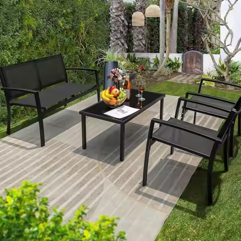 4 Pieces Outdoor Patio Furniture Textilene Modern Conversation Black Bistro Set with Loveseat Tea Ta