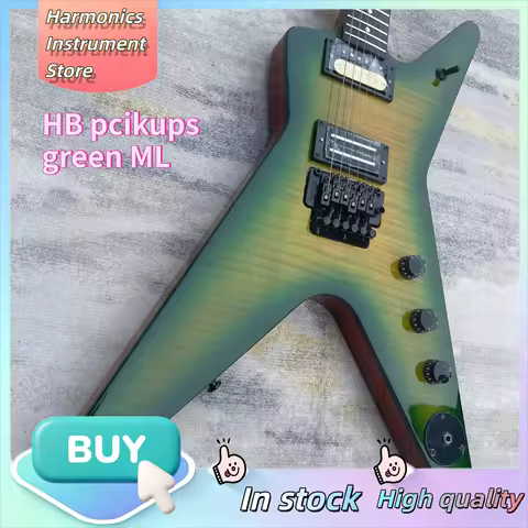 Dean ML Swallowtail V Guitar, Passive Duncan Humbuckers electric guitar, Green Yellow Flame Gradient