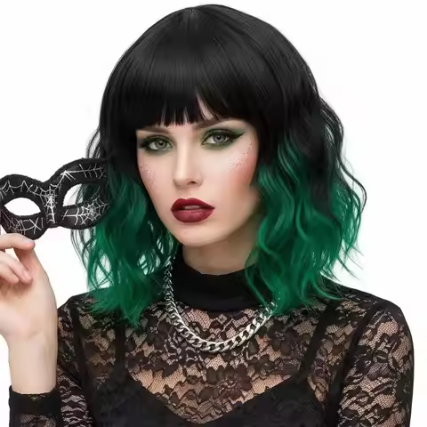 MSIWIGS Short Synthetic Cosplay Wigs Rose Net Wavy Wig with Bangs Purple Pink Ombre Hair Wigs for Wo