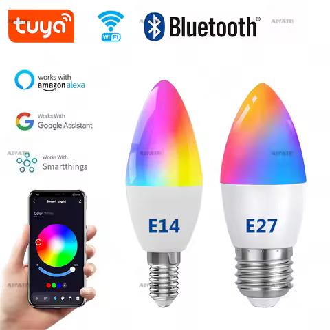 Tuya E27 E14 Base EU Standard Wifi Candle Light Bulb Bluetooth RGBCW Lamps 220V Alexa Google Home Vo