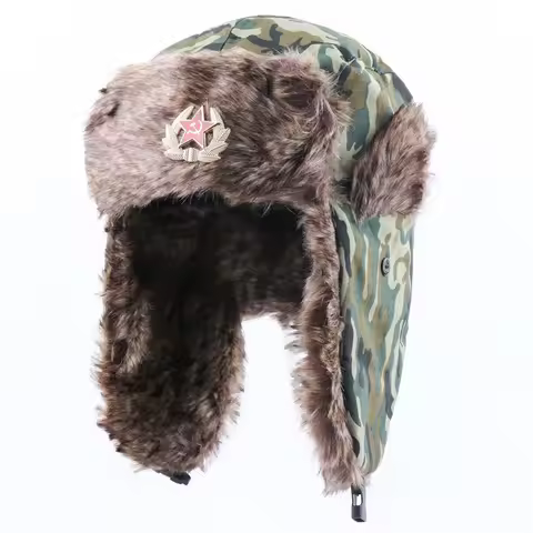 Camouflage Ushanka Hat With Soviet Badge, Wind‑proof Earflap Russian‑Style Warm Outdoor Cap