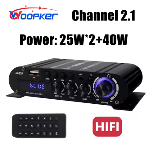Woopker ST-839 HiFi 2.1 Channel Power Amplifier 25W*2+40W Subwoofer Amplifier Sound Amp Bass and Tre
