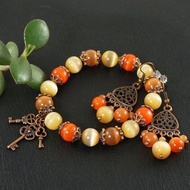 Fire Red Orange Yellow Cat Eye Copper Key Bracelet and Earrings Boho Jewelry Set
