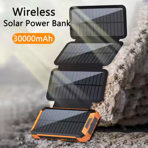 Solar Wireless Power Bank With Cable Solar Panel 30000mAh Portable Charger Powerbank External Batter