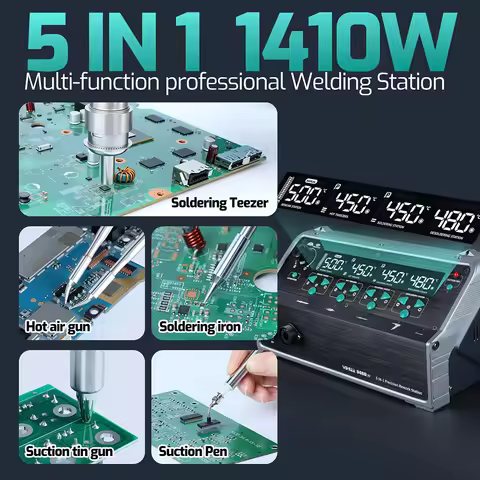 YIHUA 948D-IV 1410W Soldering Station 5 In 1 Teezer Soldering Iron Hot Air Gun Tin Sucker Suction Pe