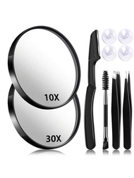 Set de espejo de aumento y pinzas para cejas de 1/3/6 piezas, espejos de maquillaje ampliados 10X y 25X con 2 ventosas, pinzas y navaja para cejas, herramientas diarias de belleza, Set de viaje compacto