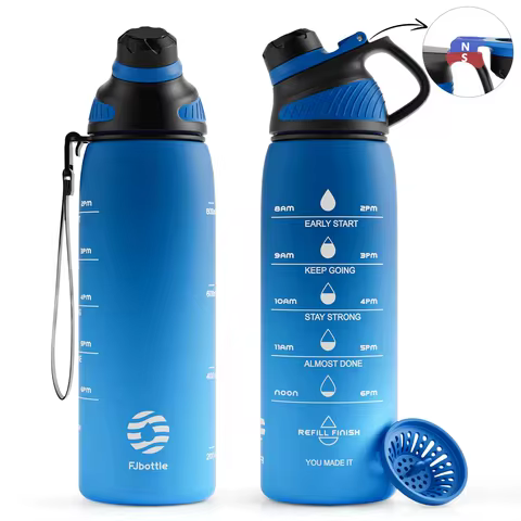 Fjbottle Plastic Water Bottle with Magnetic Lid, Leakproof Sports Water Bottle with Carry Strap BPA-