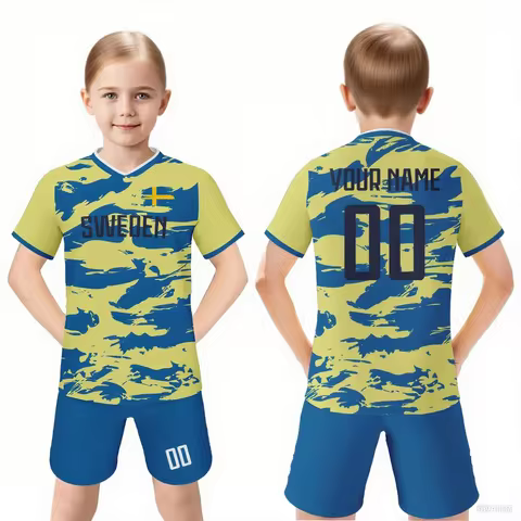 Custom Sweden Soccer Jersey Shorts Set Personalized Kids Football Team Uniform with Print Name Numbe