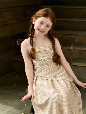 Girls' Dress Summer 2026 New Children's Princess Girls' Checkered Strap Skirt