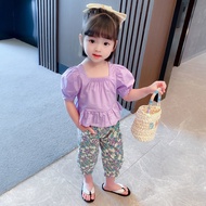 Blouse Kids Girl Clothing Korean Style Baby Girl 2pcs Suit Kids Suit Baby Romper Bubble Sleeve Top +