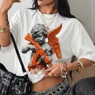 Women's Oversized Graphic Tee Edgy Cherub Print Rebel Angel Y2K Baddie Aesthetic Grunge Punk Streetw