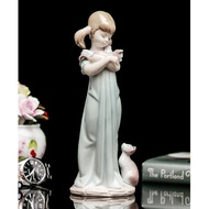 西班牙Lladro可愛女孩與貓咪1990手繪陶瓷娃娃雕塑歐式客廳擺飾