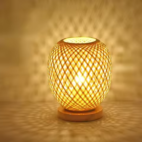 Adjustable Rattan Table Lamp with Cap, Bamboo Woven Table Lamp, Small Wick Tabletop Bedside Lamp for