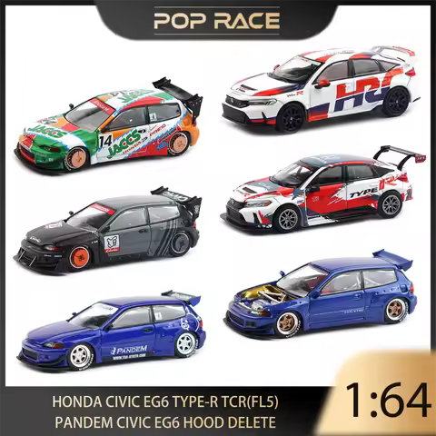 POP RACE 1/64 Honda Type-R TCR (FL5) PANDEM Civic EG6 Hood Delete Alloy Premium Diecast Vehicle Mode