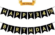 HAPPY 34TH BIRTHDAY Banner, Pre-Strung, Black Gold 34th Birth Party Backdrop Decorations, Happy 34 Y