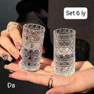 Set of 6 transparent glass cups, set of 6 cups with luxurious embossed patterns BOKINHACUA