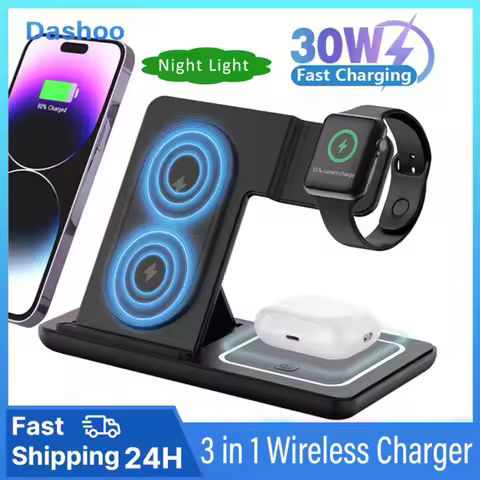 3 in 1 Wireless Charger Fast Charging Station Night LED Light Stand Foldable For iPhone Samsung Appl