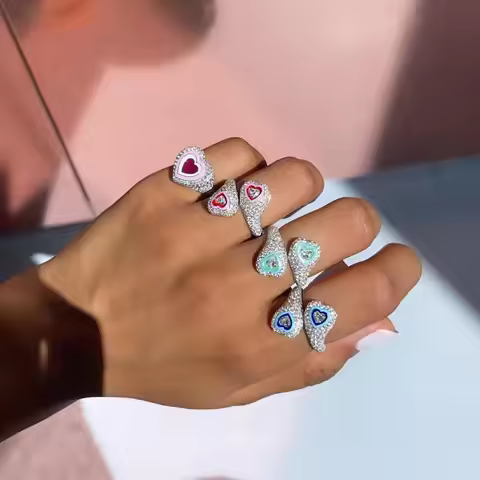 Micro Pave CZ Enamel New Design Heart Shaped Ring Full Finger Fashion Women Jewelry