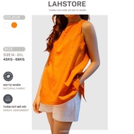 LAHSTORE women's linen shirt Set Sleeveless Loose form, elastic waist wide leg shorts (Orange)
