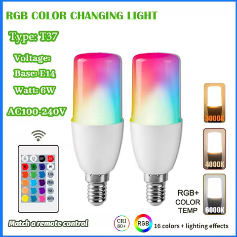 1-10PCS T37 6W RGB LED Bulb E14 24Key Remote 16 Colors Dimmable AC100-240V Color Changing Light for 