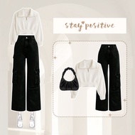 Outfi Contemporary Korean Style Women's Set | Sweater + Cargo Pants + Shoulder Bag | Rf236 GU