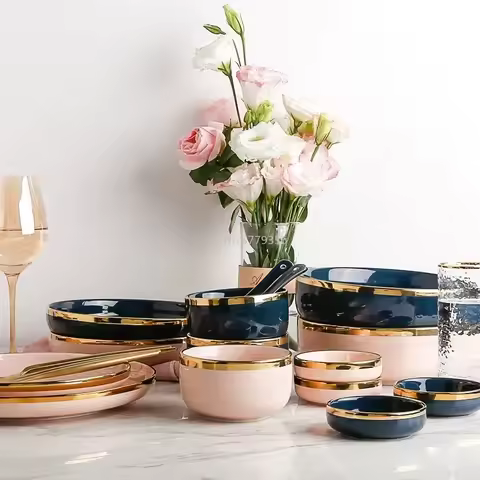 Pink Black Gold Inlay Ceramic Dinner Plate Tableware Porcelain Bulk Serving Dishes Home Wedding Deco