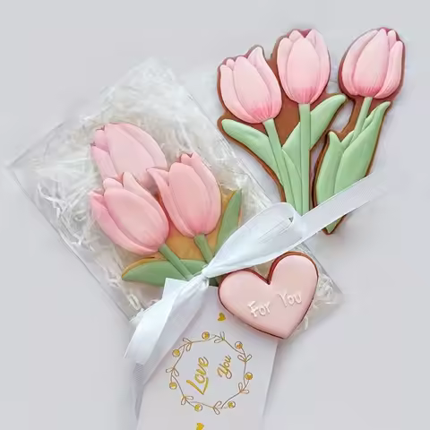 6Pcs Tulip Flower Cookie Cutter Mold Set -3D Embossed Cookie Cutters for Mother's Day Valentine's Da