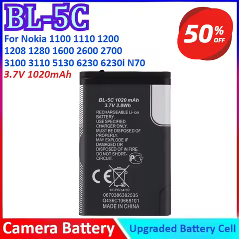 BL-5C 3.7V 1020mAh Mobile Phone Battery For Nokia 1100 1110 1200 1208 1280 1600 2600 2700 3100 3110 