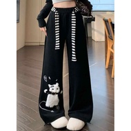 Chuan Chuan Chuan New American Style Women's Long Pants with Cute Cat Pattern and Wide Cut