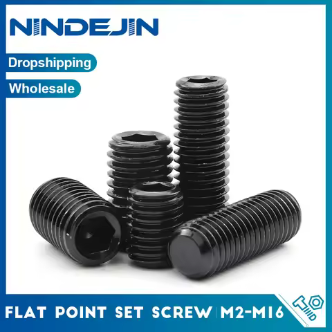 NINDEJIN Flat Point Socket Set Screw M2-M12 12.9 Carbon Steel Flat-Tip Hexagon Socket Grub Screws He
