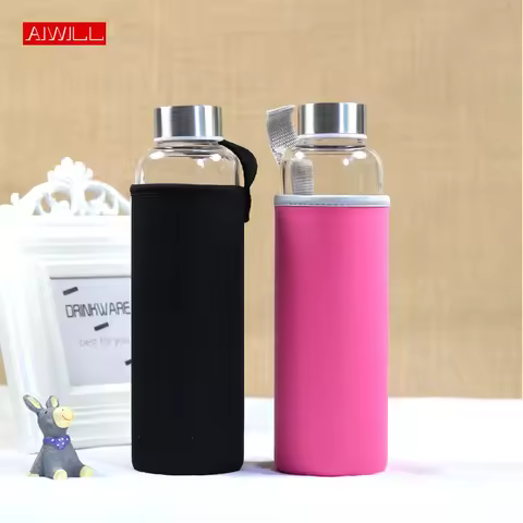 AIWILL Hot Selling Glass Sport Water Bottle With Protective Bag 280ml / 360ml / 550ml Fruit Outdoor 