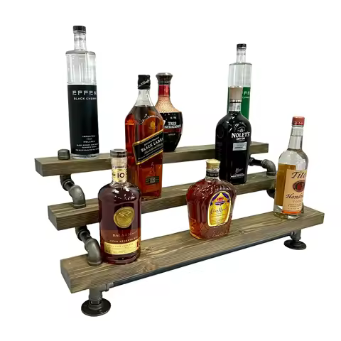Freestanding Liquor Shelf | 3 Tier Industrial Bar Display | Liquor Bottle Display | Wood Wine Shelf 