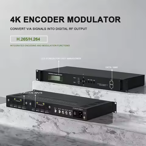 4K encoder-modulator, integrating encoding (H.264/H.265) and modulation, converting video and audio 