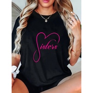 Women's Casual Short Sleeve T-Shirt with "Sisters" Heart Design - Soft Cotton, Machine Washable, Com