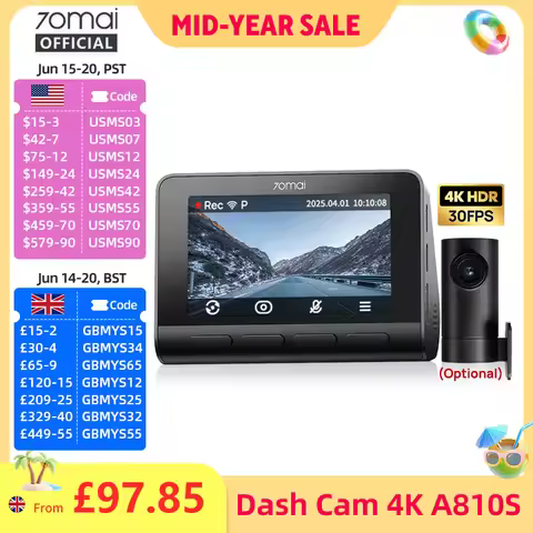 70mai Dash Cam 4K A810S HDR IMX678 Supercapacitor 4G LTE Remote Control Wi-Fi 6 Voice Control GPS AD