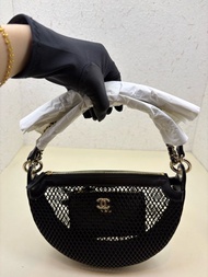 Chanel香奈兒 25s黑金羊皮漁網編織新月包網兜包 22cm