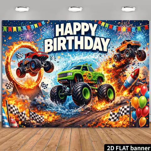 2D plane monster truck birthday party backdrop cloth. Off-road stunt theme, featuring three colorful