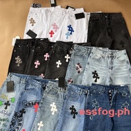 Chrome Hearts Leather Washed Distressed Jeans Trousers Men Women Couples