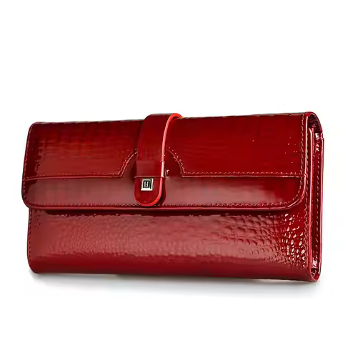 HH Women Long Wallet Genuine Leather Wallets Red Aligator Pattern Cowhide Purse Three Fold Large Cap