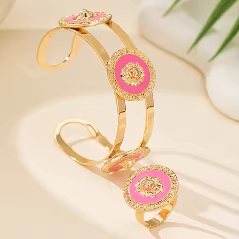 2PCS Jewelry Set Gold-plated Embossed Lion Head Cuff Bangles Ring for Women Fashion Vintage Multi-co