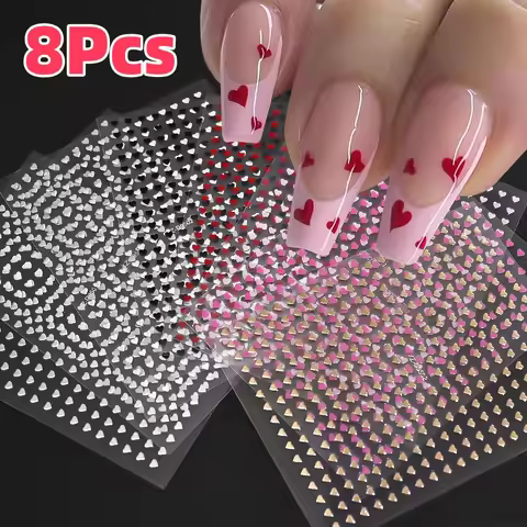 8Colors/Set 3D Love-Heart Nails Stickers Mini Sweet Hearts Self-Adhesive Nail Art Sliders Valentine'